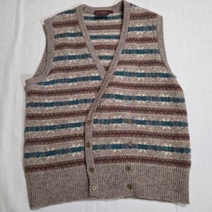 CHAPS RALPH LAUREN 100% WOOL VEST TAN GREEN BROWN STRIPE VINTAGE MENS LARGE